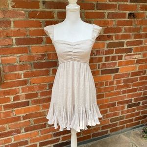 Anthropologie Aakaa Dress Beige Cream Ruffle Mini Flirty fit flare Sz Small S